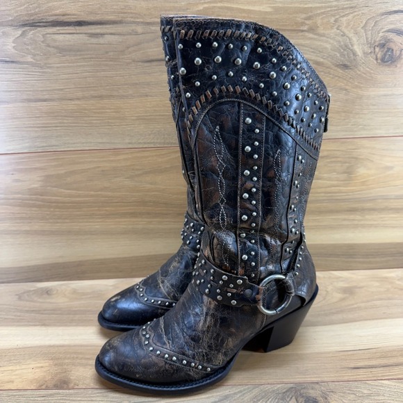 DAN POST Sexy Back Harness Boots 6.5 M Distressed Black Brown Studded Heeled - Picture 3 of 11